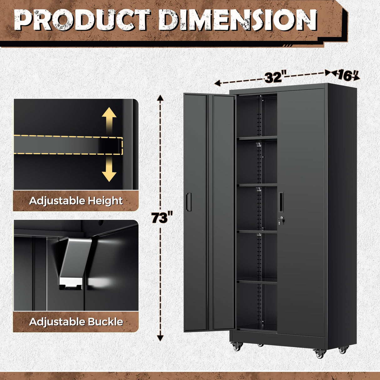 INTERGREAT Metal Garage Storage Cabinet with Wheels, Rolling Storage Cabinet with Locking Doors and 4 Adjustable Shelves,- 73" Steel Tool Cabinet for Home Office,Garage,Warehouse,Black INTERGREAT