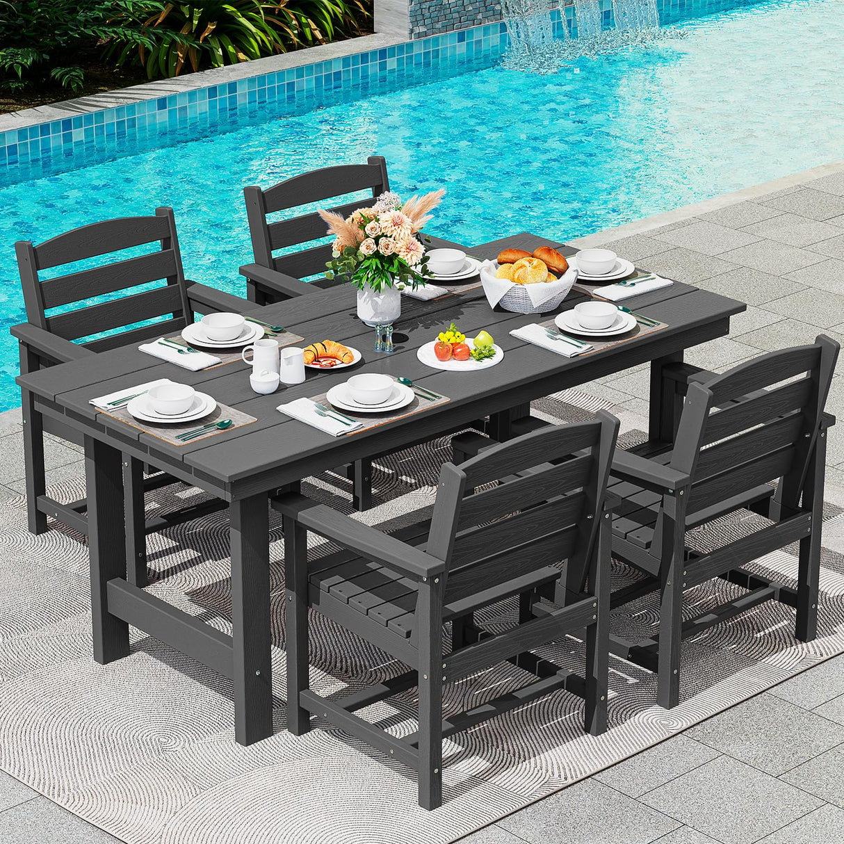 SERWALL Patio Dining Table Sets 5-Piece, Outdoor HDPE Dining Furniture Set with Umbrella Hole Cut-Out Table and 4 Chairs, All Weather Dining Set for Lawn, Garden, Backyard, Poolside, Black SERWALL