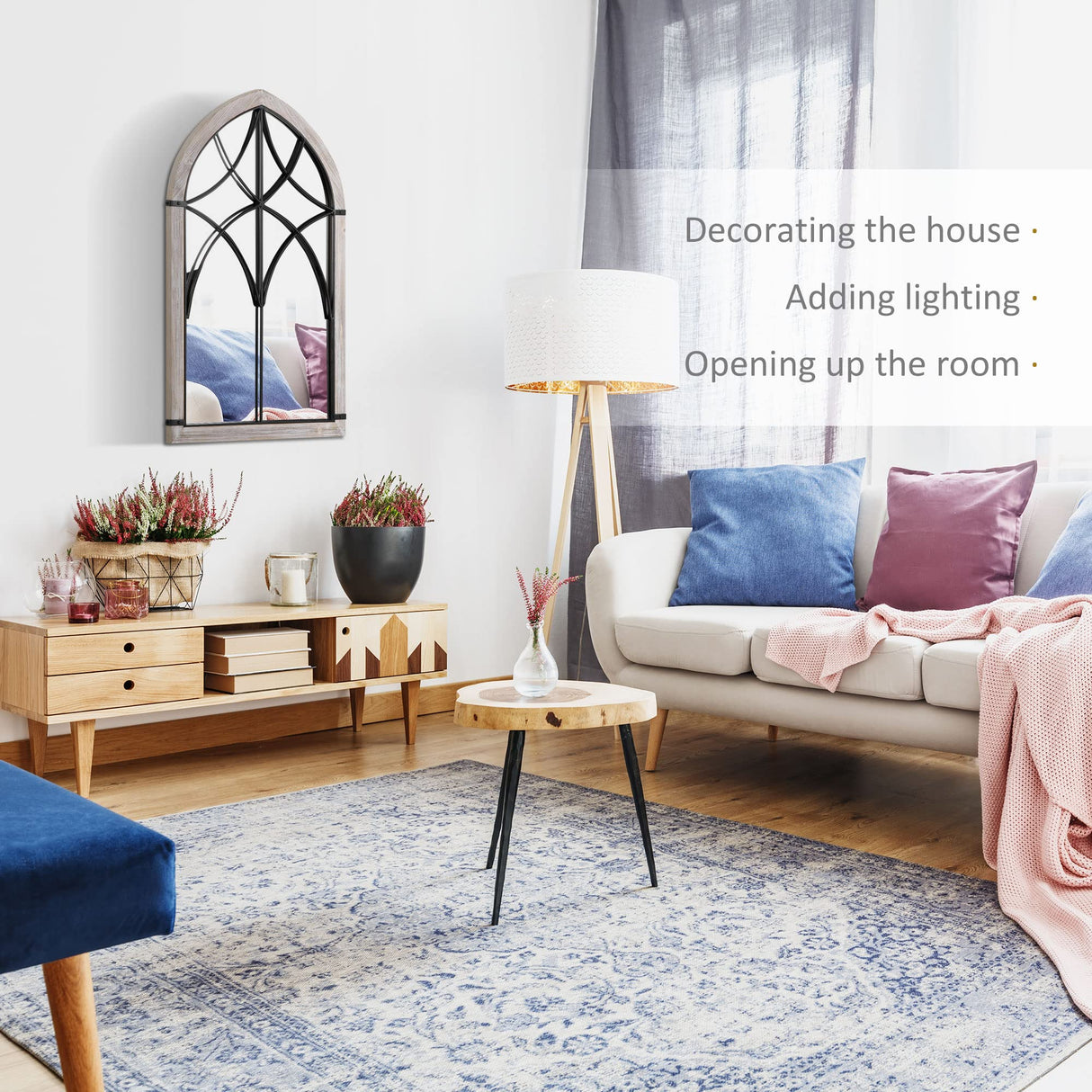 HOMCOM 36.5" x 23.5" Large Farmhouse Wall Mirror, Arch Window Mirror for Wall Decor in Living Room, Bedroom, Entryway, Rustic Wood Grain HOMCOM