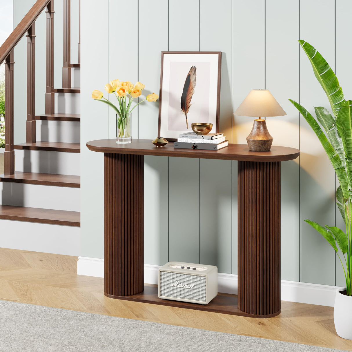 RUSTYER Fluted Console Table, Farmhouse Oval Curved Entryway Table with Storage and Fluted Wood Legs, Narrow Small Long Entry Sofa Table for Entrance, Hallway, Living Room (Walnut) RUSTYER