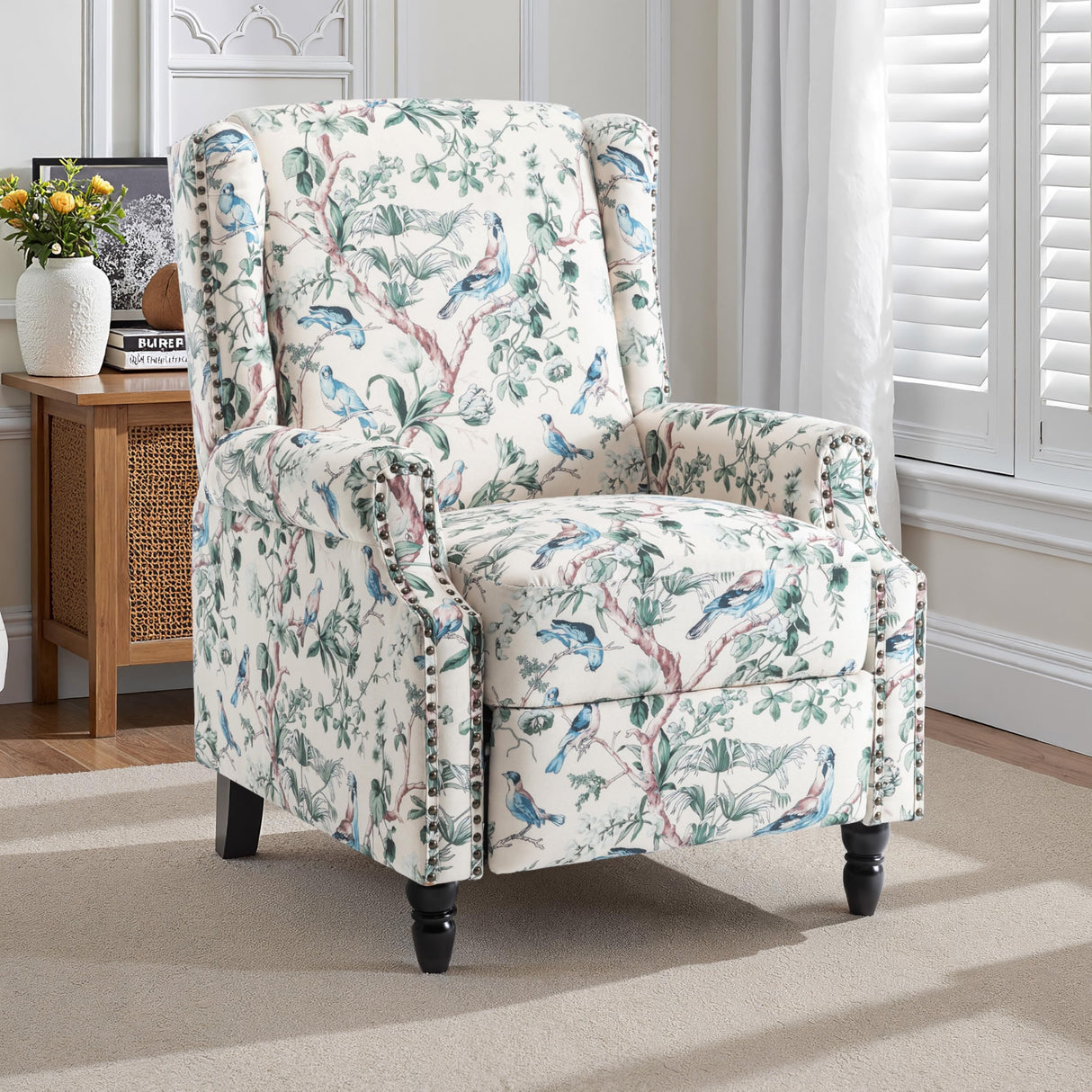 Wingback Recliner Chair, Floral Fabric Pushback Recliner Chair, Upholstered Armchair Push Back Recliner, Rivet Trim Single Sofa Accent Chair with Wood Legs for Living Room, Bird Lumibee