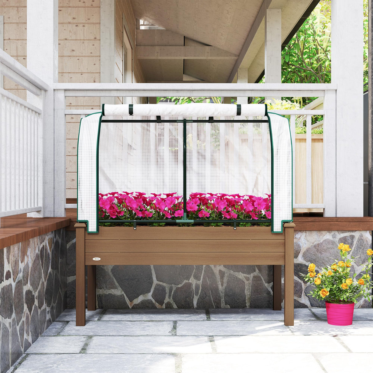 Outsunny Raised Garden Bed with PE Greenhouse Cover Outdoor Elevated Wood Planter Box for Herbs and Vegetables, Use for Patio, Backyard, Balcony, 48 x 22 x 46 inch, Brown Outsunny