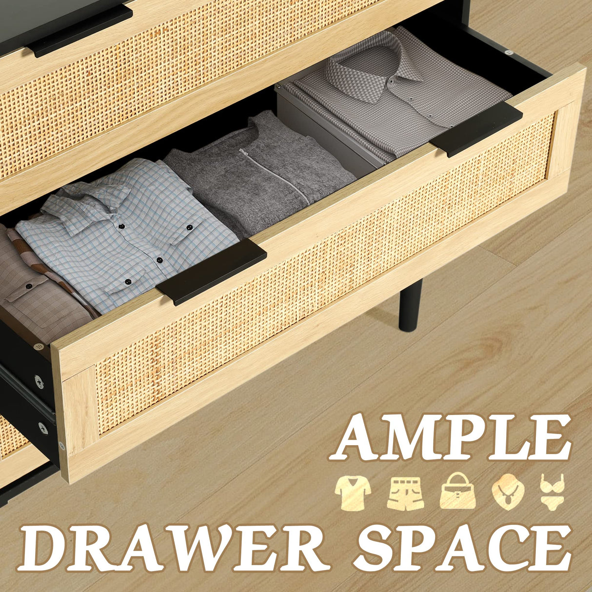 LAZZO Rattan 3 Drawer Wood Dresser Boho Large Storage Cabinet Nightstand Chest for Bedroom Mid Century Modern Chest of Drawers Wide Closet Dresser Storage Organizer LAZZO