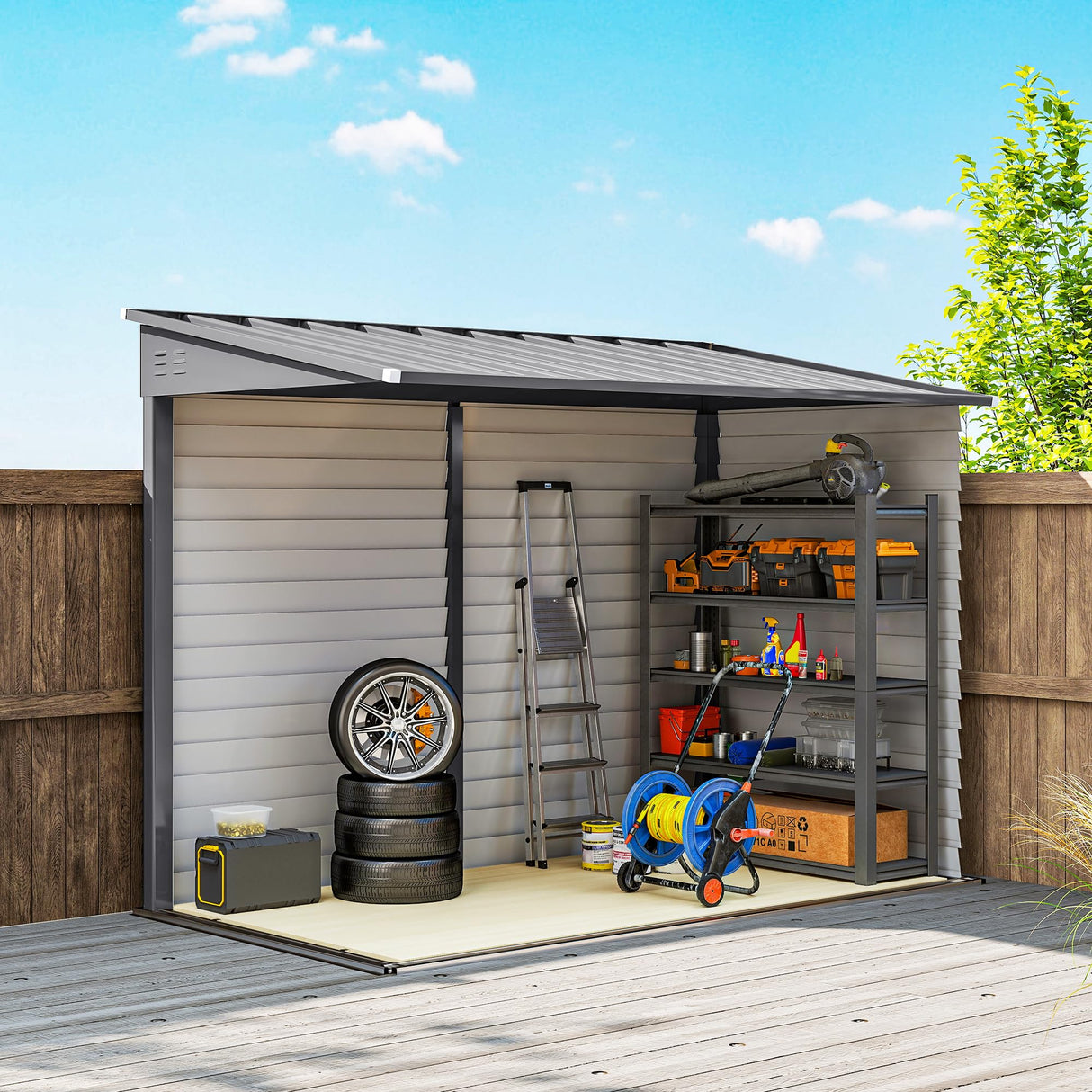 Outsunny 4.6' x 9' Steel Outdoor Storage Shed, Lean to Shed, Metal Tool House with Foundation Kit, Lockable Doors, Gloves and 2 Air Vents for Backyard, Patio, Lawn, Gray Outsunny