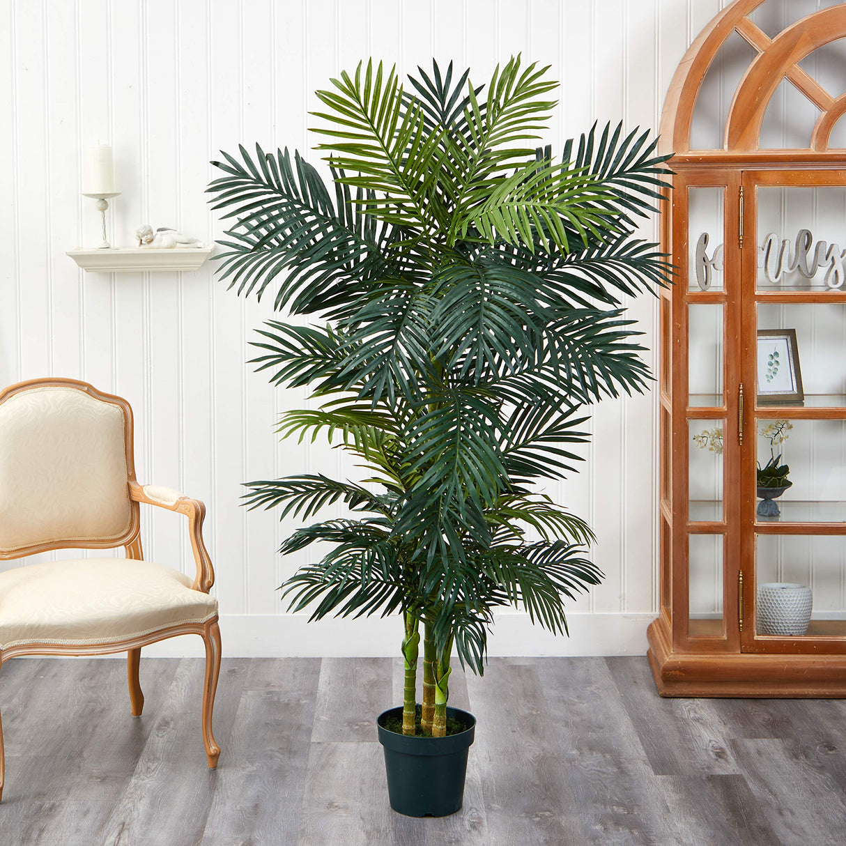 Nearly Natural 6.5FT Artificial Golden Cane Palm Tree, Fake Palm Tree with Three Realistic Trunks and 333 Lifelike Palm Leaves, Faux Palm Plant for Indoor Home Décor with Black Nursery Planter Nearly Natural