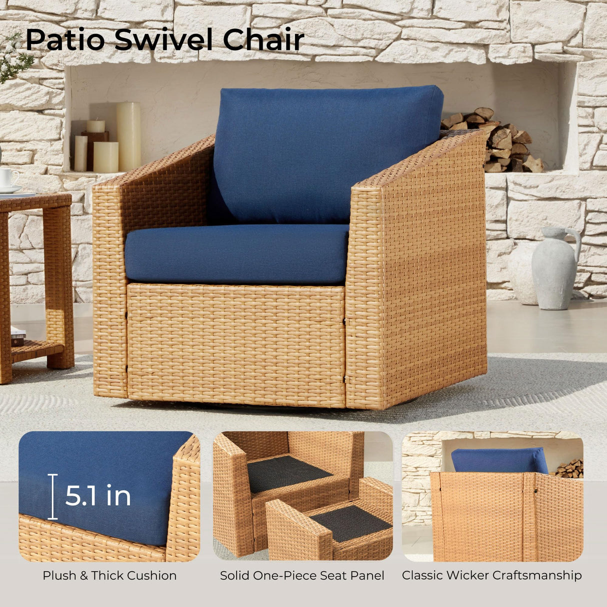 CHITA 5 Pieces Wicker Patio Furniture Set, Outdoor Conversation Set with 2 Pieces Rattan Swivel Chairs, 2 Pieces Ottomans, Thickened Cushions and Side Table, Blue Cushions with Brown Wicker CHITA