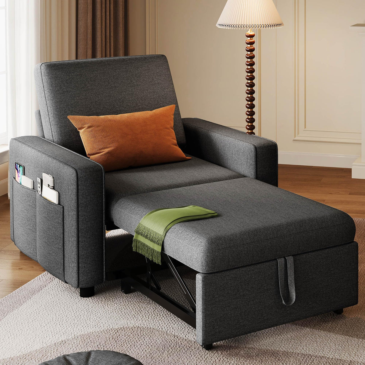 DWVO Convertible Sleeper Chair, 3-in-1 Sofa Bed with Reclining Backrest, 75" Single Sleeper Couch with Pull-Out Bed and Wide Armrest, Linen Futon Sofa for Dorm Apartment, Grey DWVO