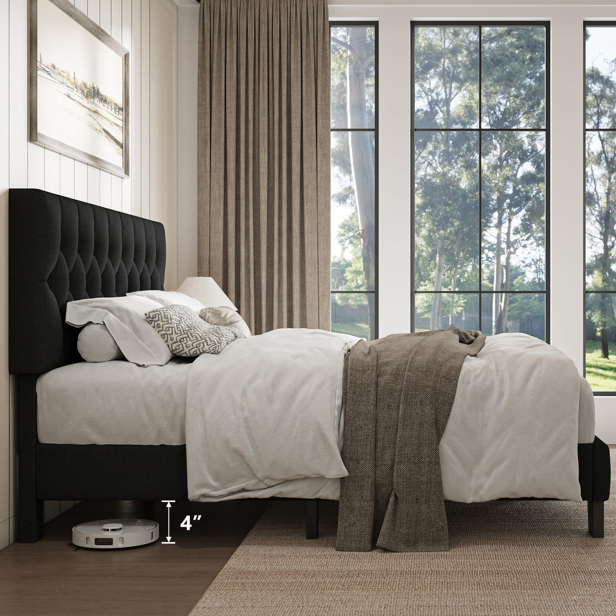 iPormis Upholstered Full Size Bed Frame with Button Tufted Headboard, Linen Platform Bed with Thickened Support Legs, Noise-Free/No Box Spring Needed/Easy Assembly, Black iPormis