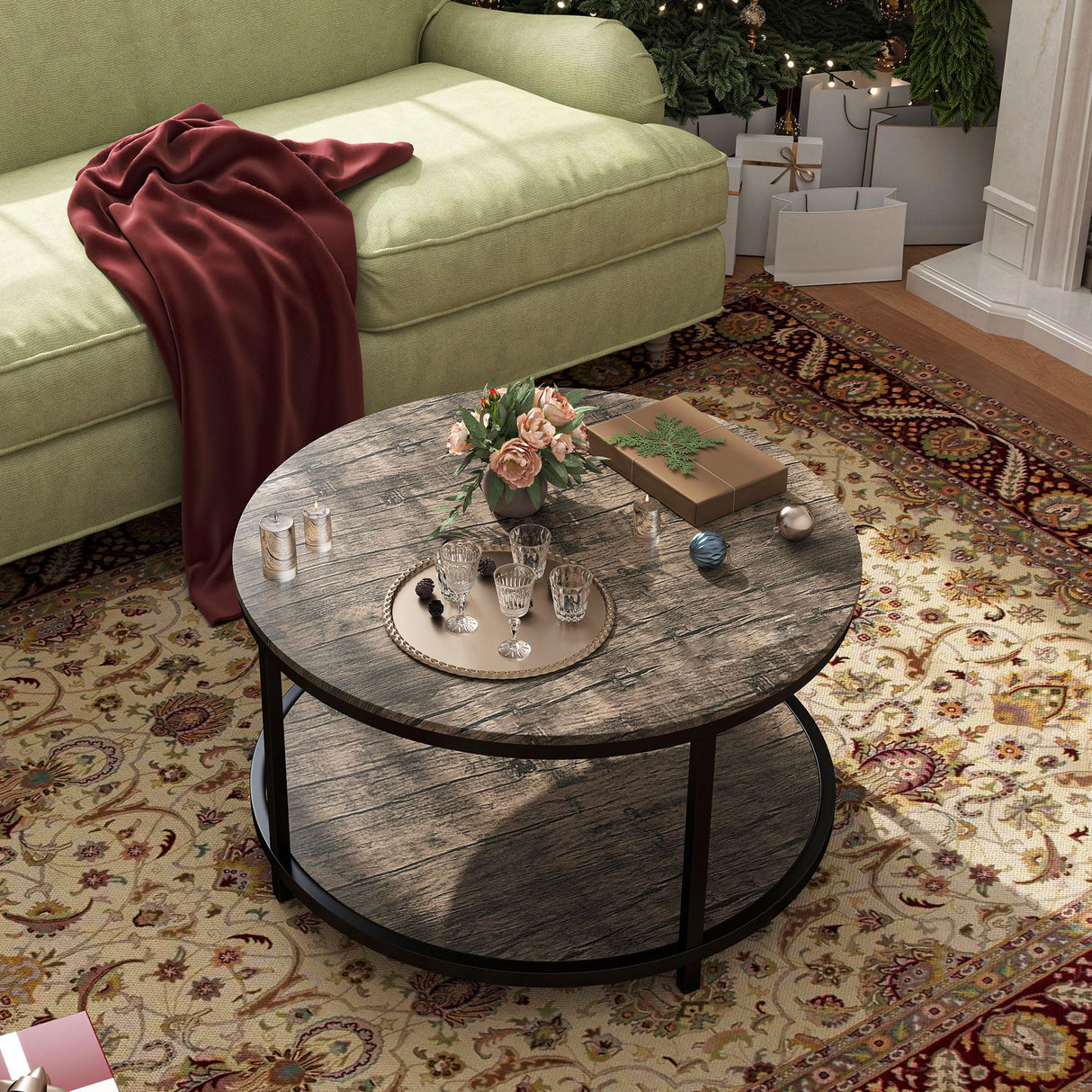 ROCSUMOO 33.5”Coffee Table for Living Room, Round Coffee Table with 2-Tier Storage Shelf, Wood Side Table Modern Open Storage for Bedroom Home Office (Round, Walnut) ROCSUMOO