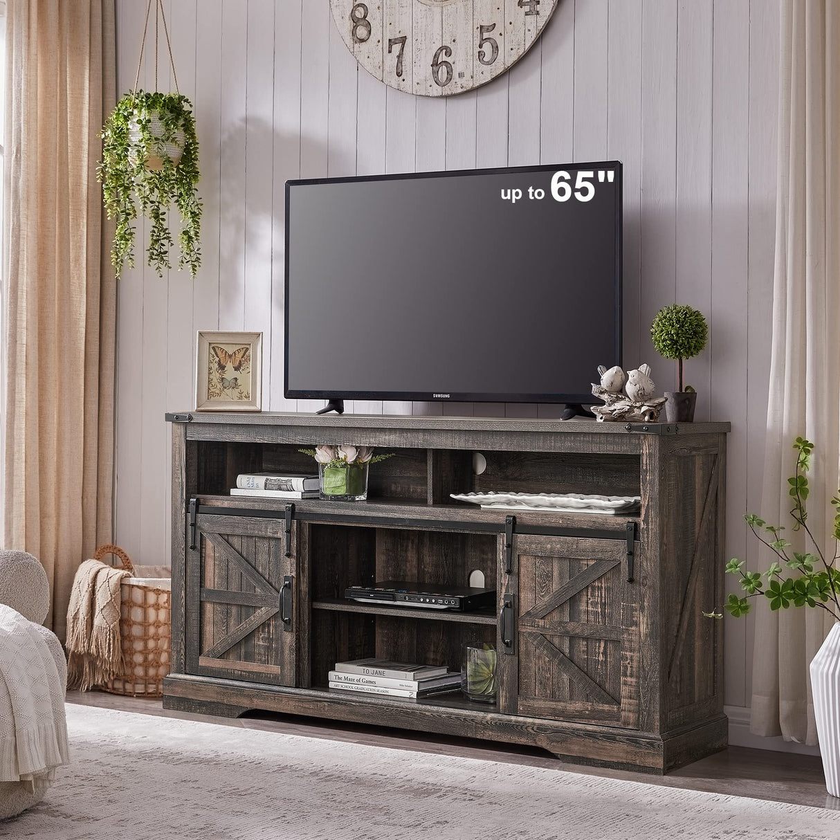 OKD Farmhouse TV Stand for 65+ Inch TV, 33" Tall Highboy Entertainment Center w/Sliding Barn Door, Rustic Media Console w/Storage Shelves, Wood Television Stand for Living Room, Dark Rustic Oak OKD