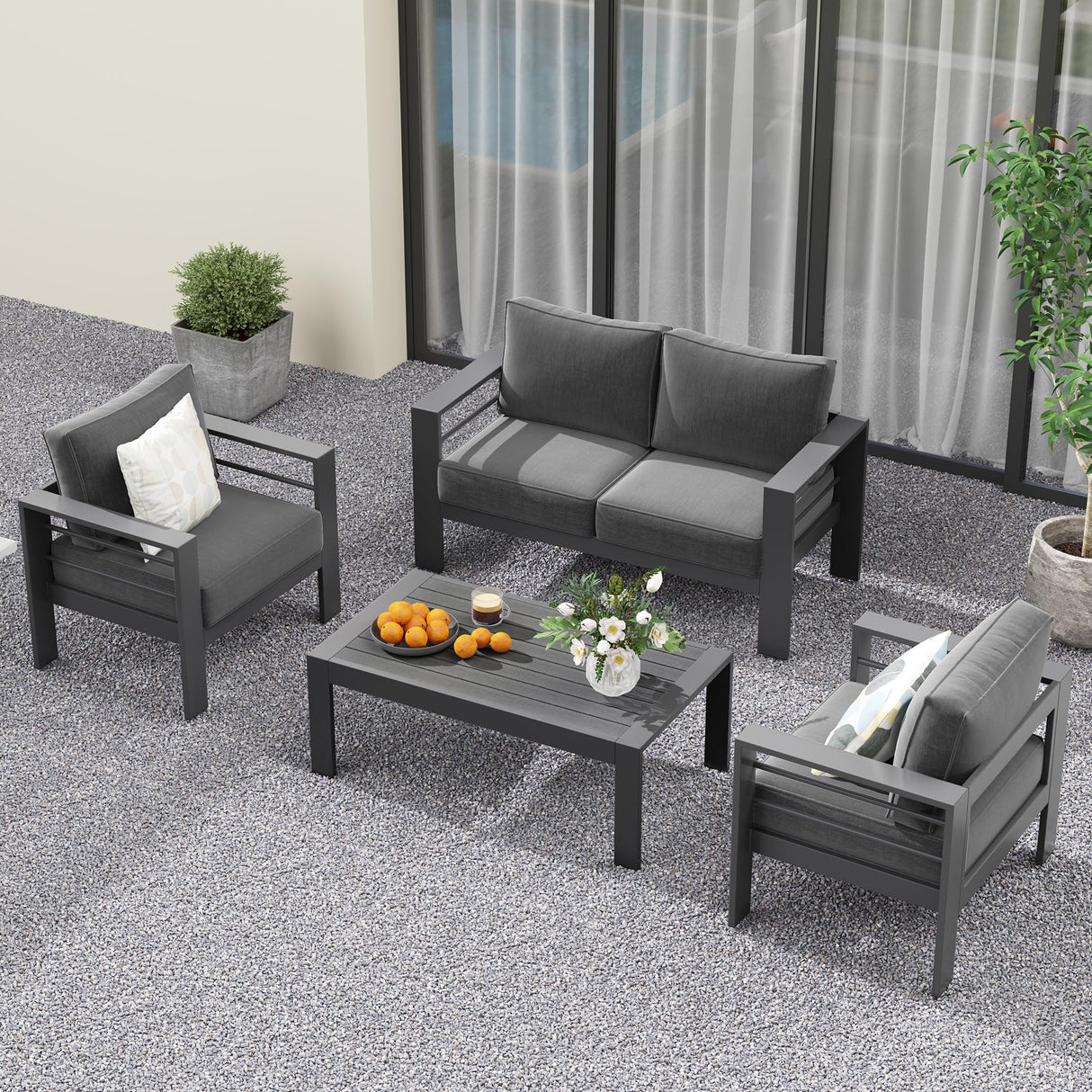 Solaste Outdoor Aluminum Furniture Set,4 Pieces Patio Sectional Chat Sofa Outdoor Conversation Set with Table,Dark Grey Solaste