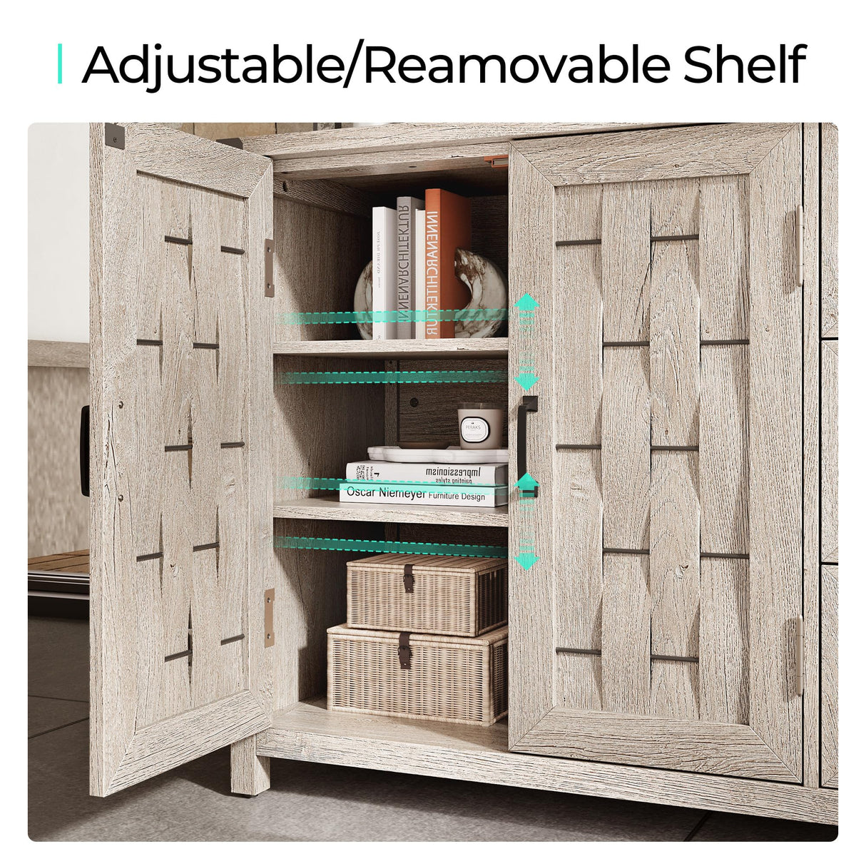 LINSY HOME Farmhouse Sideboard Buffet Cabinets, 43" W Coffee Bar Storage Cabinets with 3 Drawers and 2 Doors, Rustic Accent Cabinet for Dining Room, Kitchen, Home Bar and Living Room, Light Gray LINSY HOME