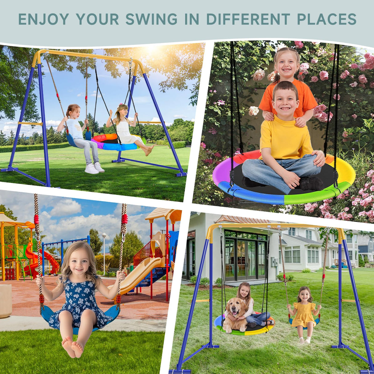 Swing Sets for Backyard, Toddler Swing Set with 2 Seat 1 Saucer & 1 Belt Seat, 440lbs Heavy-Duty Swing Frame w/8 Ground Stakes, A Frame Outdoor Swingset for Kids and Adults for Backyard SkylarkJoy