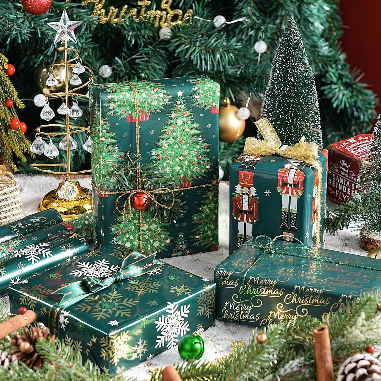 WRAPAHOLIC 30 Inch Nutcracker Christmas Wrapping Paper Roll - Jumbo Roll Green Christmas Tree, Snowflakes and Nutcracker with Metallic Foil Shine Design - 4 Rolls - 30 Inch x 120 Inch Per Roll WRAPAHOLIC