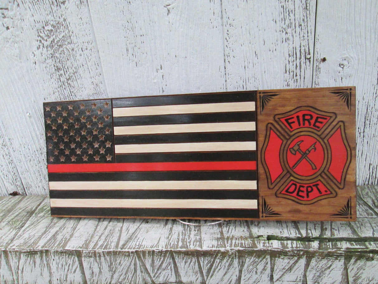 Thin Red Line Fire Fighters Flag, Custom Carved Wooden Sign, Personalized Fireman Sign, FLAG105 Southern Made Signs