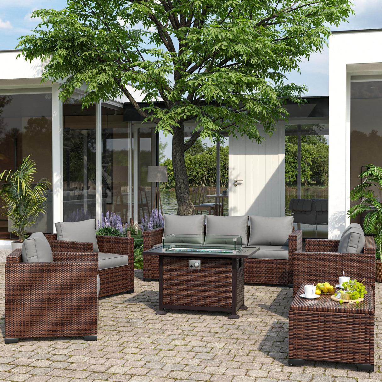 Amopatio Patio Furniture Set with Fire Pit Table, 8 Pieces Outdoor Oversized Sectional Sofa Wicker Patio Armrest Couch, 44" Fire Pit Conversation Sets with Storage Table, Waterproof Covers (Grey) Amopatio