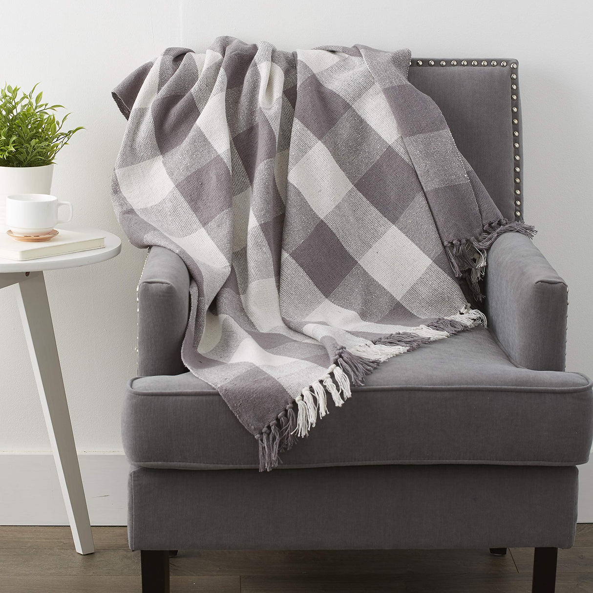 DII Buffalo Check Collection Rustic Farmhouse Throw Blanket with Tassles, 50x60, Gray/White DII