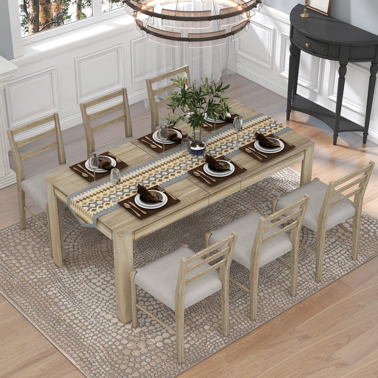 Merax 7-Piece Wooden Dining Table Set, Multifunctional Extendable Tabletop with 12” Leaf and 2 Drawers, 6 Chairs with Soft Cushion, Natural Wood Wash Merax