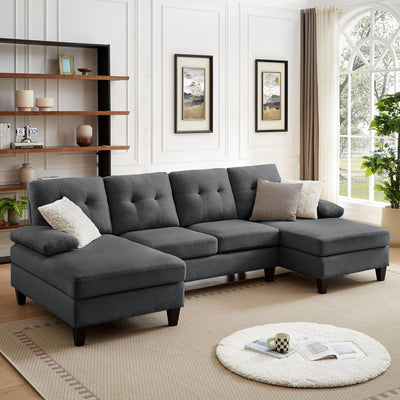 Chireca 111" Sectional Couch for Living Room, Modern Polyester Fibre U Shaped Sofa Couches with Double Chaise, Upholstered 4 Seater Sofa for Living Room, Apartment, Office, Dark Grey