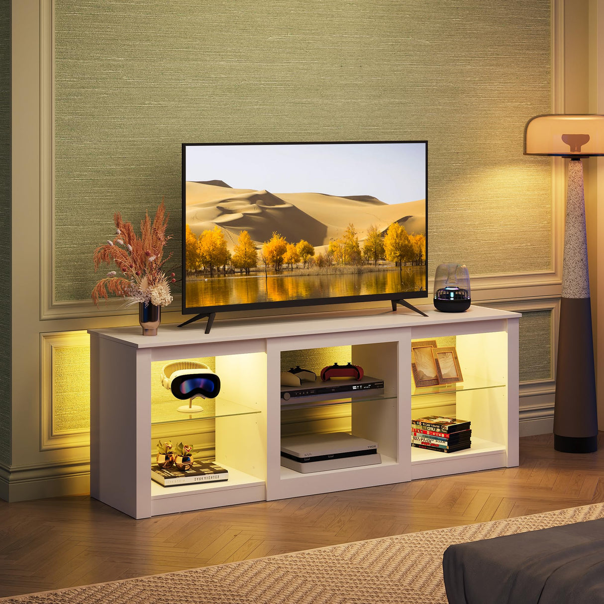 WLIVE LED TV Stand for 65 Inch TV, Modern Entertainment Center with Adjustable Glass Shelves & Customizable LED Lights, Sturdy Media Console for Living Room, Bedroom,Gaming (White) WLIVE