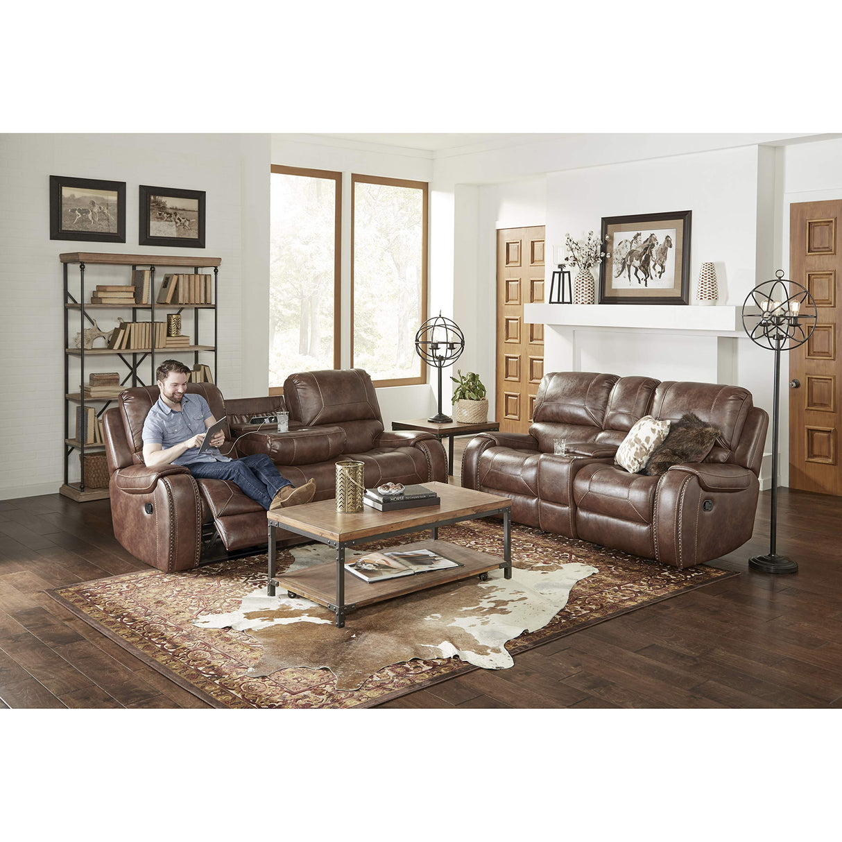 Roundhill Furniture Achern Brown Leather-Air Nailhead Manual Reclining Sofa and Loveseat with Storage Console and USB Port Roundhill Furniture