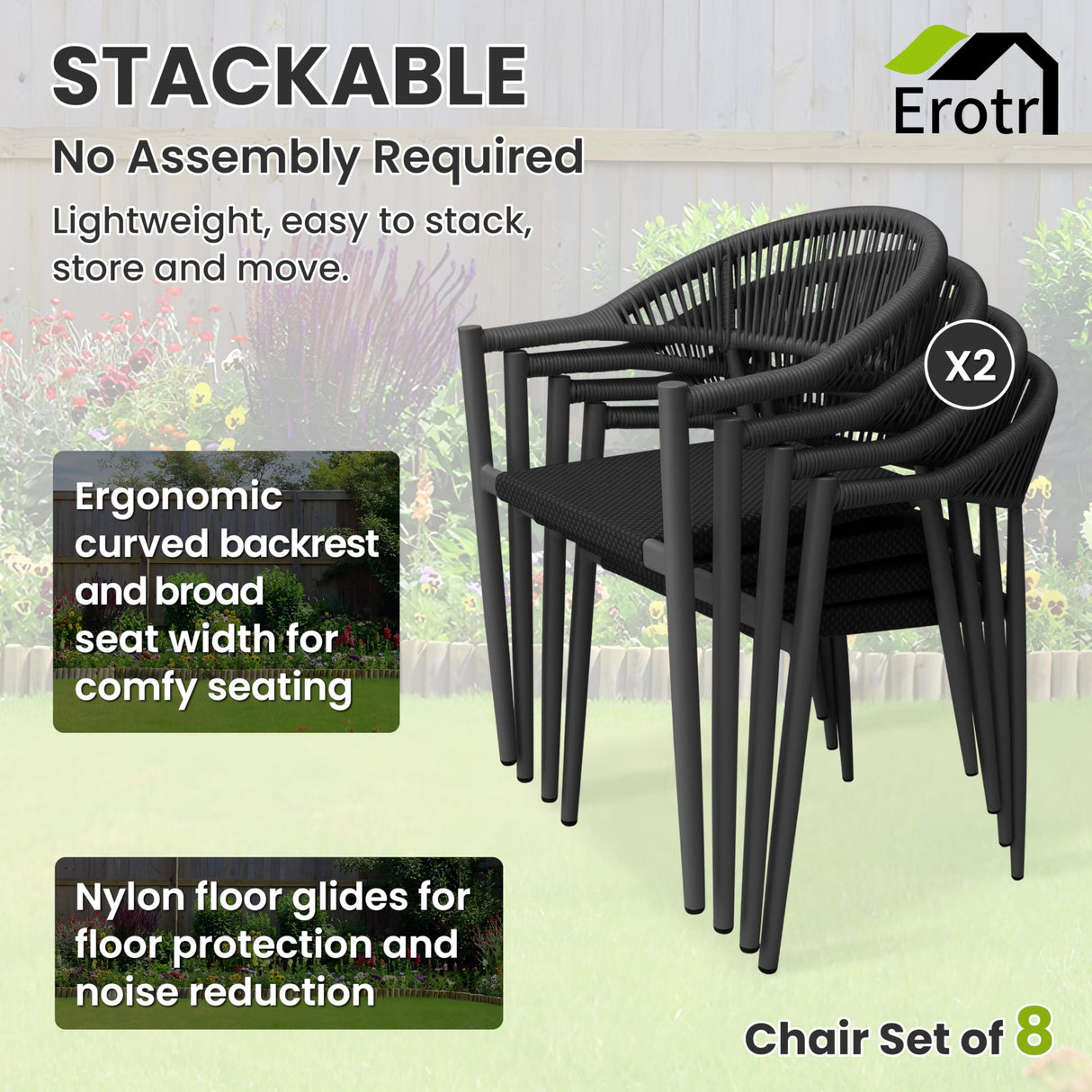 Erotr 8 Pcs Stackable Dining Chairs, Aluminum Rattan Outdoor Dining Chair with Arms, Woven Rope Patio Armchair Metal No Assembly for Bistro Garden Balcony Porch Deck Yard Cafe Restaurant, Black Erotr