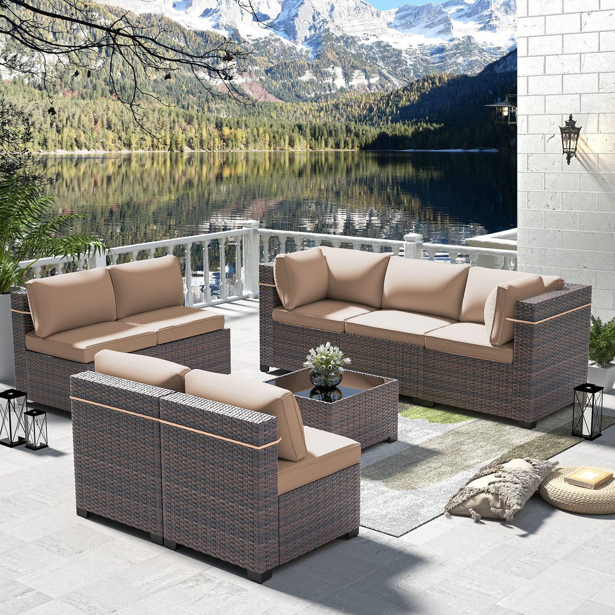 Gotland 7-Piece Outdoor Patio Furniture Set - All-Weather PE Rattan Sectional Wicker with Replaceable Khaki Waterproof Cushions & Coffee Table Gotland