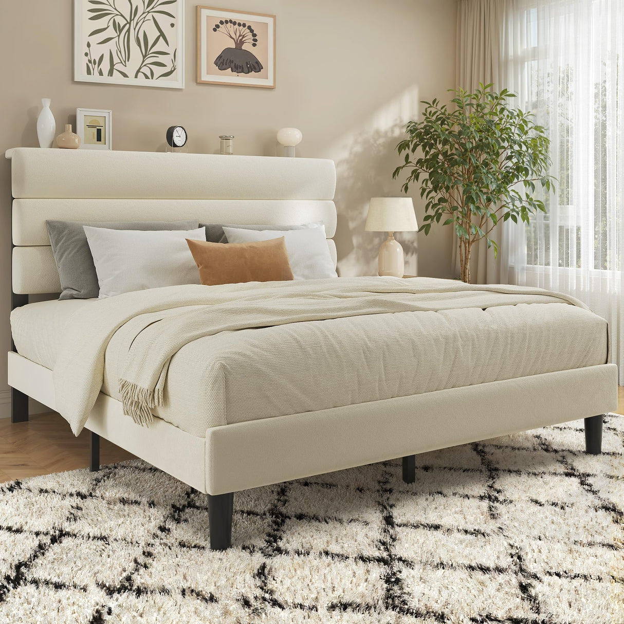 Fluest Queen Bed Frame, Platform Bed Frame with Velvet Upholstered Headboard, No Box Spring Needed, Sturdy Metal Support, Noise Free, Easy Assembly, Modern Bedroom Furniture, Beige Fluest