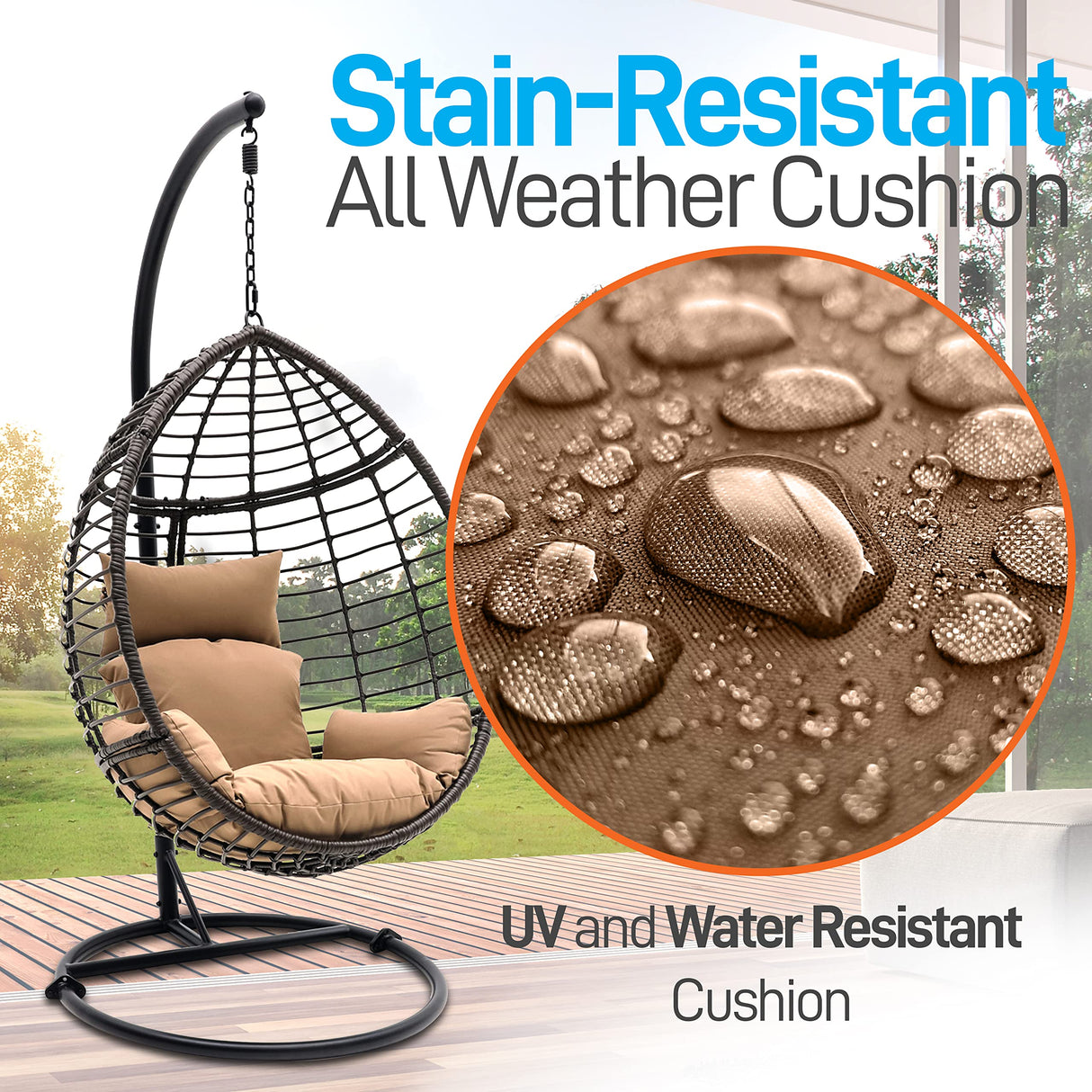 Hanging Egg Chair with Stand - Indoor Outdoor Patio Wicker Rattan Lounge Chair with Stand, Steel Frame, Washable Cushions for Garden Backyard Deck Sunroom - SereneLife SLGZ0EGBR.3 (Brown) SereneLife