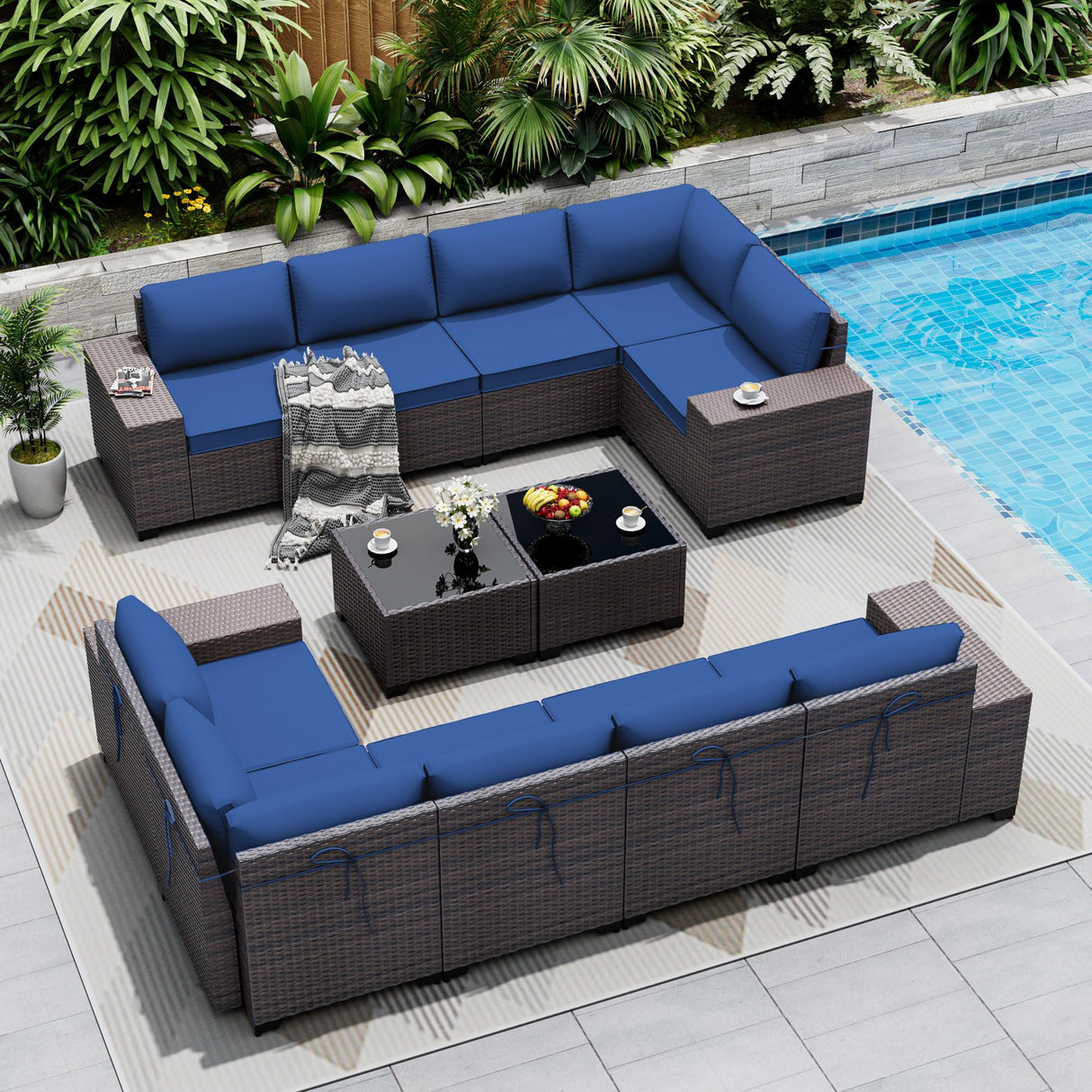 ASJMR Outdoor Patio Furniture Set, 12 Pieces Outdoor Sectional Furniture High Backrest Patio Set, All-Weather PE Rattan Patio Conversation Set w/Coffee Tables & Cushions-(Dark Blue) ASJMR