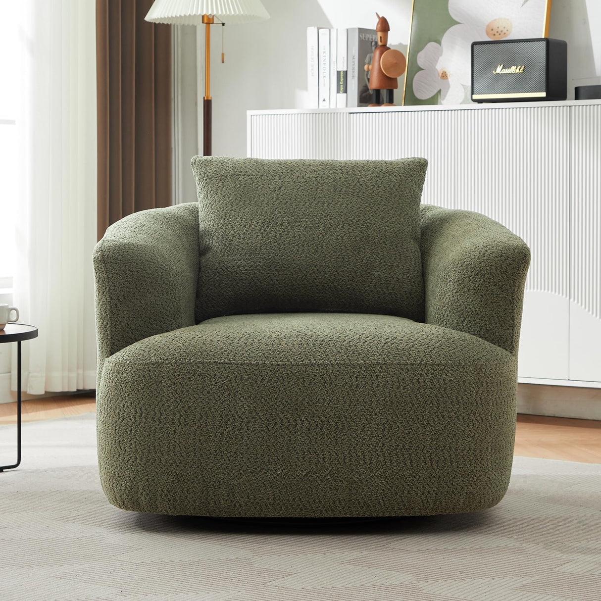 Merax Modern Cozy Chenille 360° Swivel Sofa Chair w/a Throw Pillow, 38.2" Upholstered Leisure Barrel Accent Armchair with Deep Seating for Living Room Bedroom,Office, Hotel, Easy Assemble, Green Merax