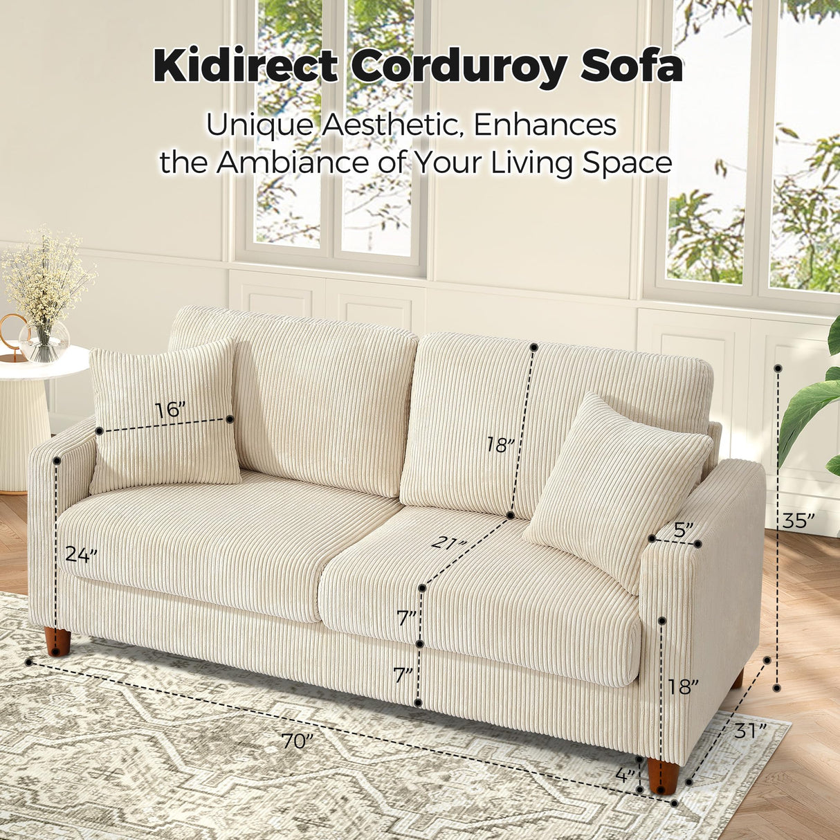 Kidirect 70in Corduroy Couch, Sofas for Living Room No Tool Assembly, Comfy Couches for Living Room 21in Deep Seats, Oversized Loveseat Sofa with 2 Pillows, 3 Seater Couch for Bedroom, Beige Sofa Kidirect