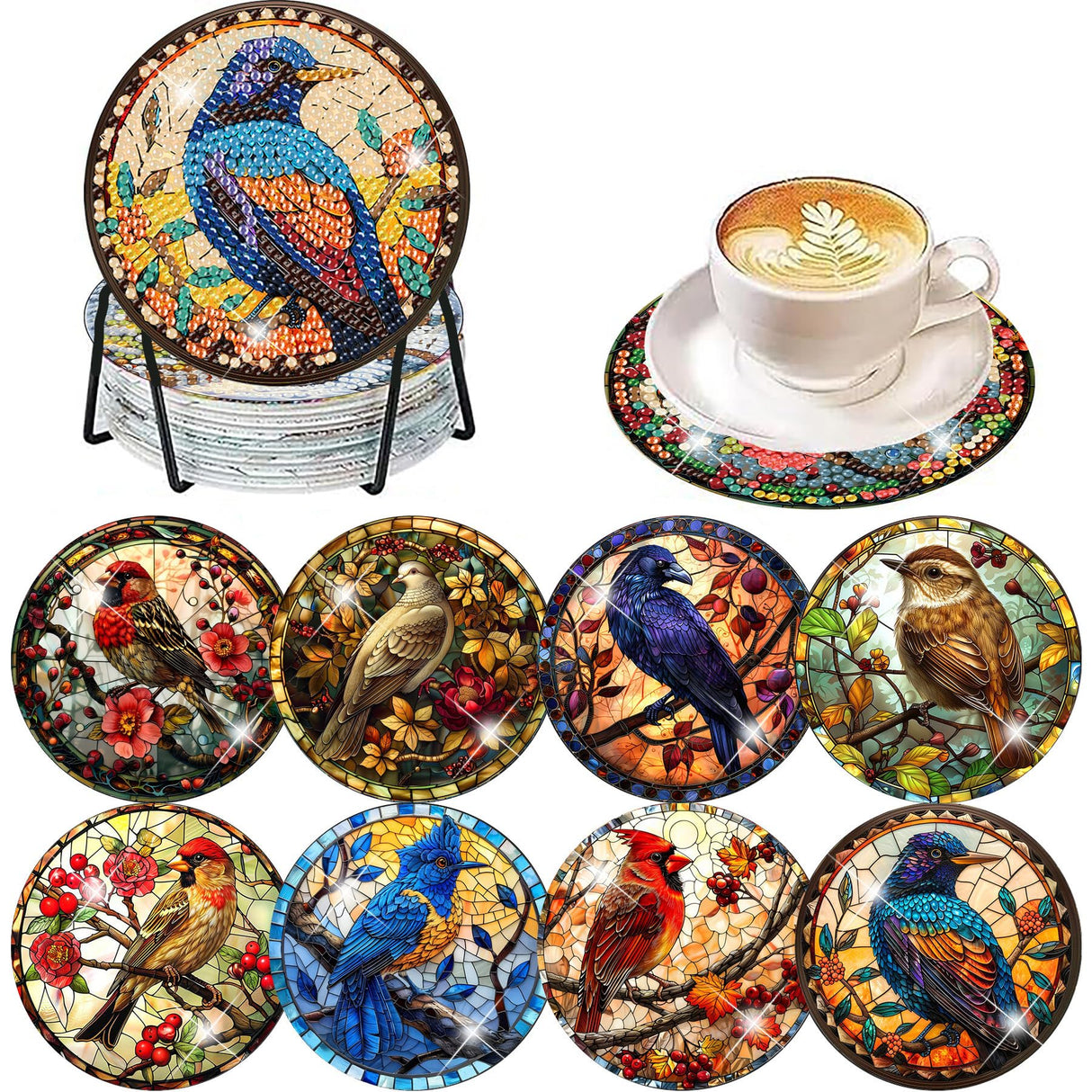 Birds Diamond Art Coasters Kit for Adults, 8 Pcs Diamond Painting Coasters Kit with Holder, DIY Non Slip Art Supplies 4x4in Axquilon