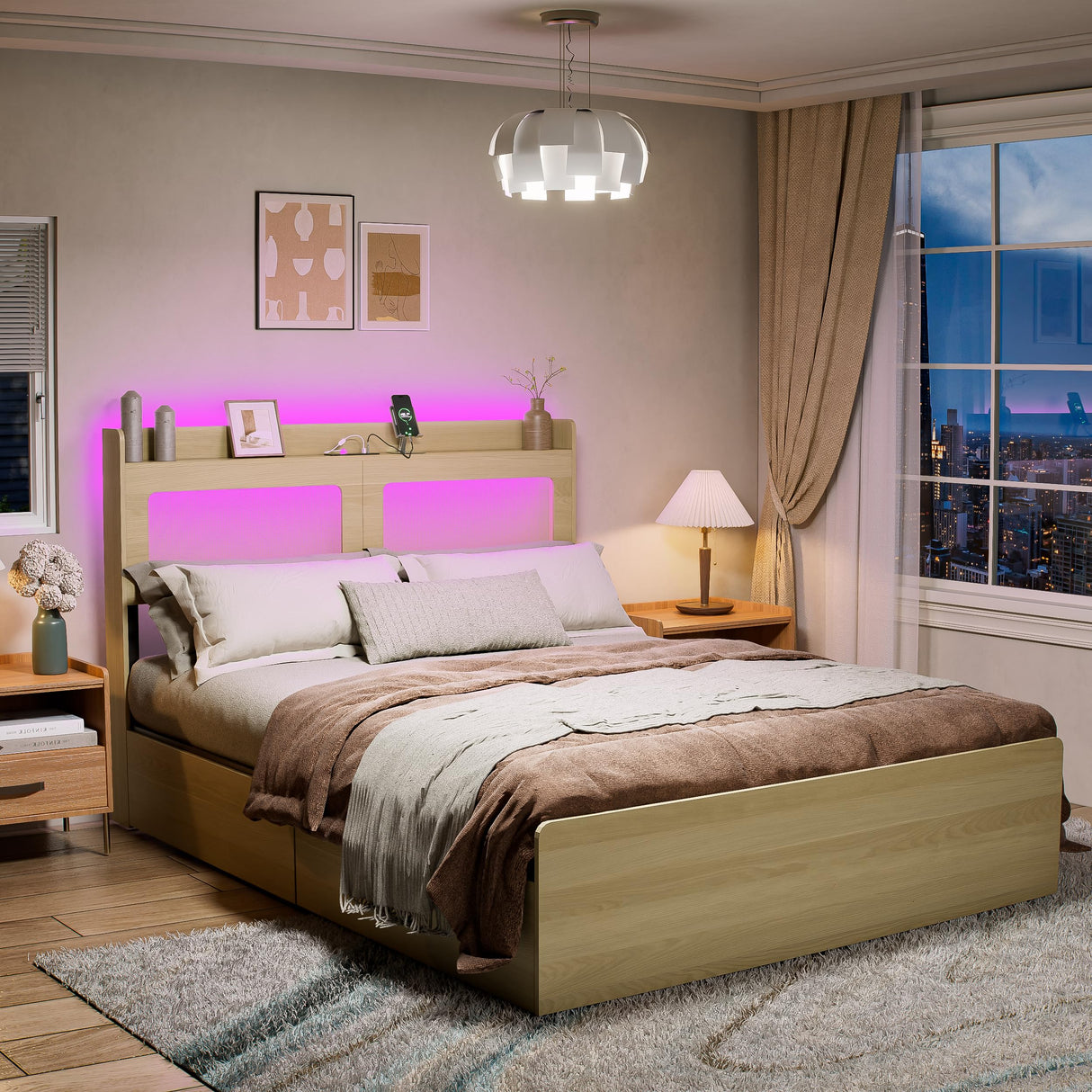 Natural Rattan Boho Queen Bed Frame with Storage Drawers, Charging Station, and LED Lights - PAKASEPT PAKASEPT