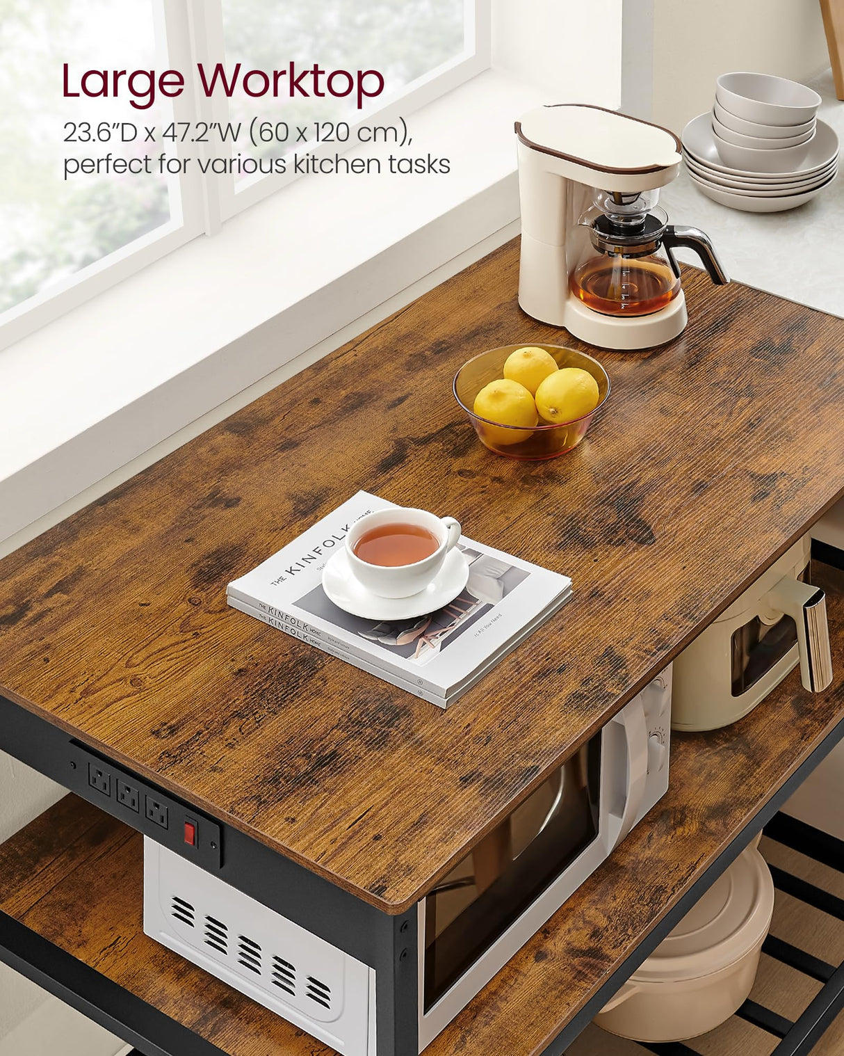 VASAGLE Kitchen Island with 3 Shelves, 47.2 Inches Width Kitchen Shelf with Power Strip, Large Worktop, Stable Steel Structure, Industrial, Easy to Assemble, Rustic Brown and Black UKKI101K01 VASAGLE