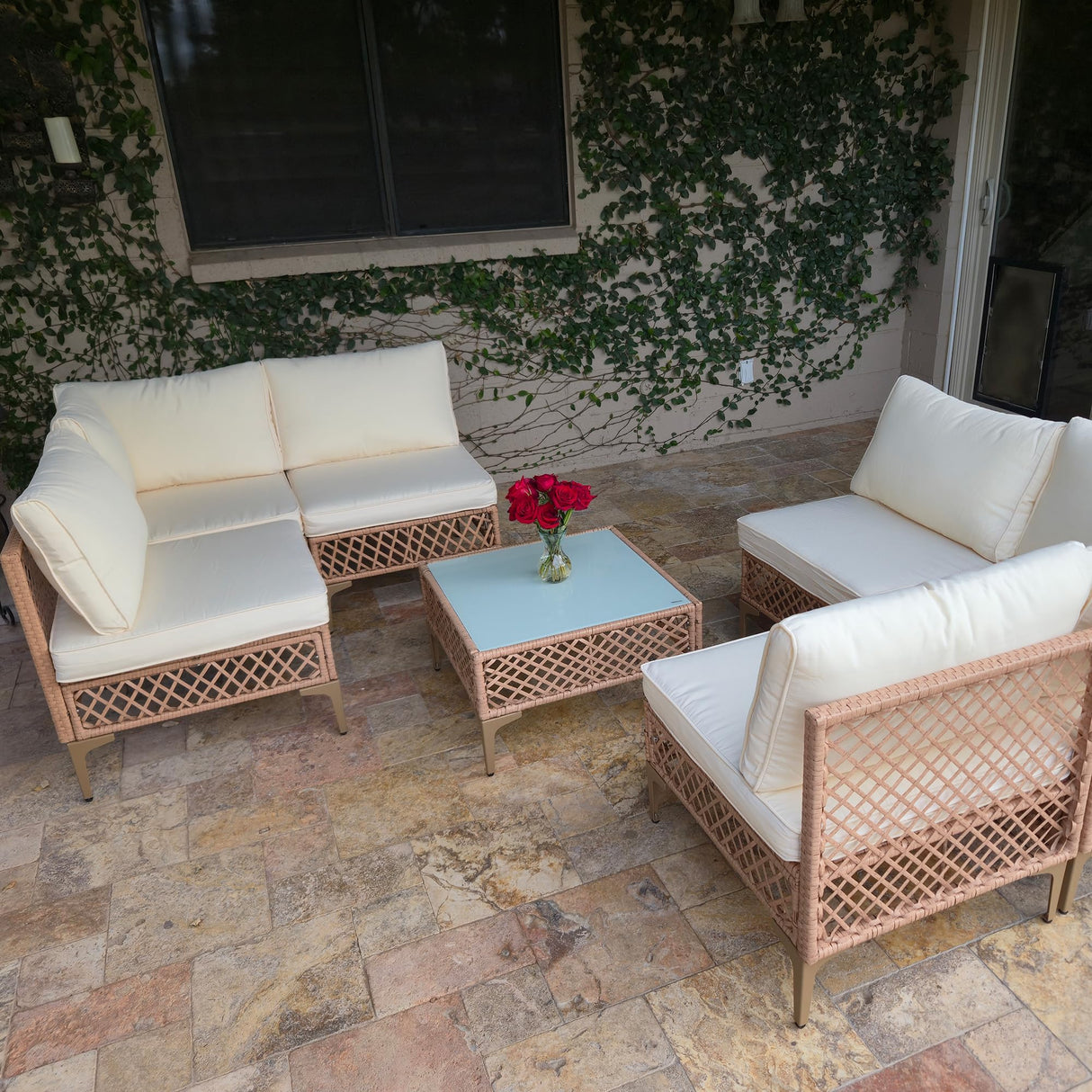 FHFO 7 Piece Outdoor Wicker Patio Furniture Set, Rattan Sectional Sofa Couch, Patio Conversation Set with Cushion & Coffee Table, for Backyard Poolside Porch Garden, Yellow/Beige FHFO