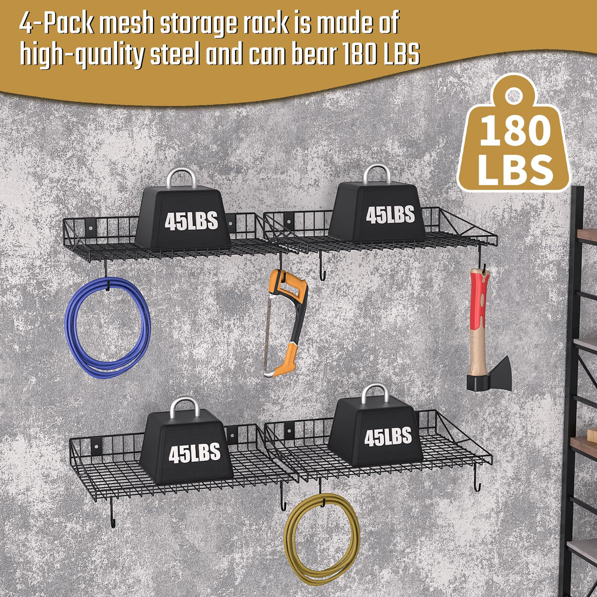 4 Pack Garage Wall Shelf, Garage Wall Mounted Shelving, Heavy Duty Floating Shelves With 8 Hooks, Loads 180 LBS Black Wall Shelves Mesh Storage Rack for Office, Basement, Wall Cabinet and Kitchen Riciakik