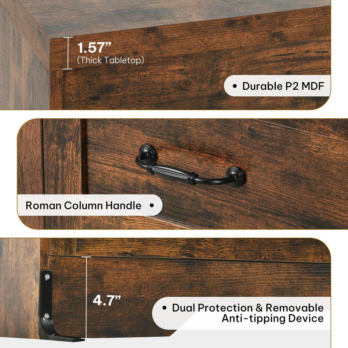 YITAHOME Rustic Brown Drawers TV Stand for 65 inches with Power Outlets -Chest of Drawers Dresser with Side Organizer Bag Entertainment Center TV Console YITAHOME