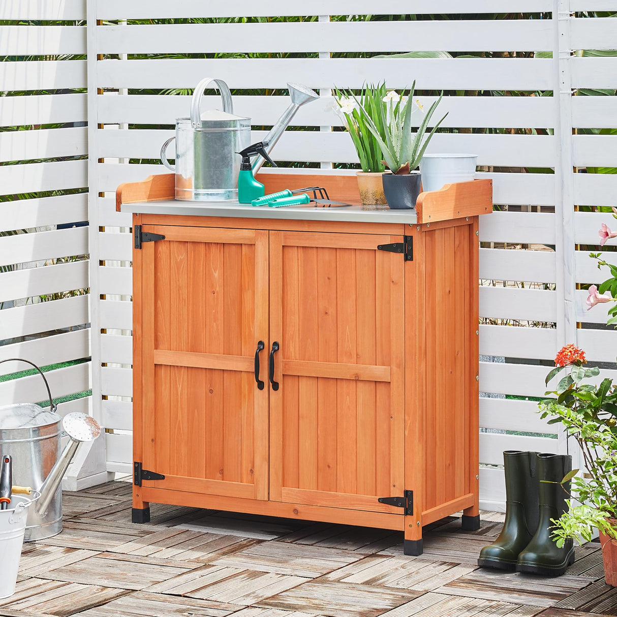 Topeakmart Potting Bench Table - Wooden Storage Cabinet with Removable Shelf & Flexible Space & Metal-plated Tabletop for Outdoor Garden Patio,Brown Topeakmart