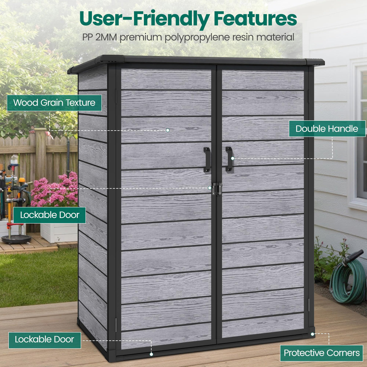 Outdoor Resin Storage Shed with Floor, Lockable Vertical Tool Shed, Weather-Resistant Garden Storage Cabinet for Backyard Patio (Dark Gray) SEGMART