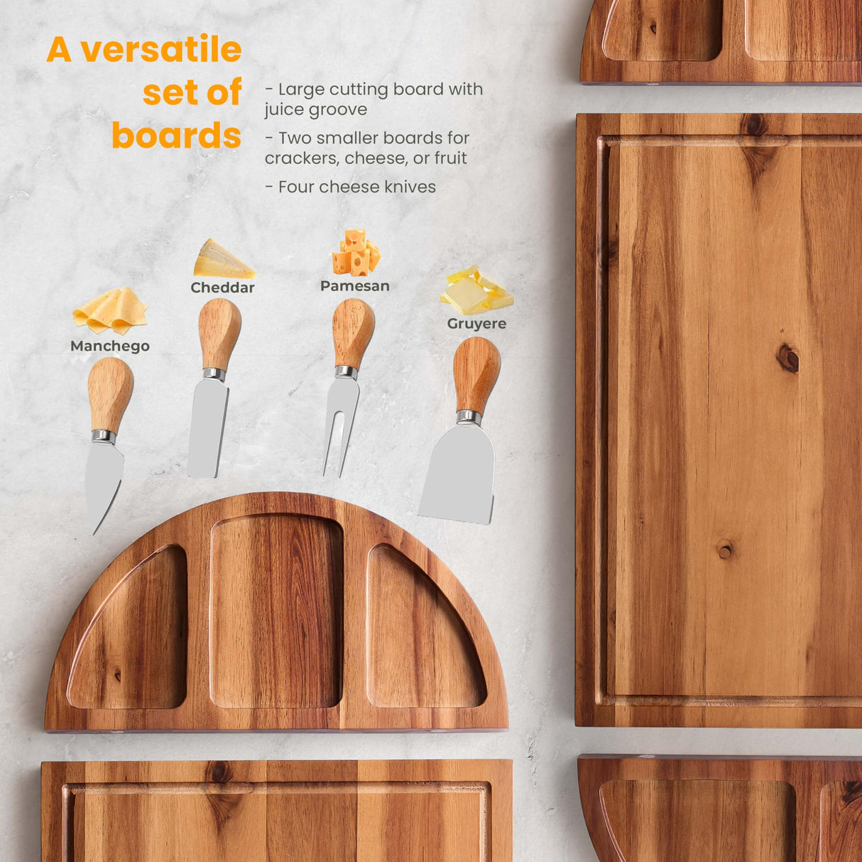 TIDITA Acacia Large Charcuterie Board & 4 Knives Set - 3 Part Long & Round Magnetic Cheese Boards Wooden - Extra Large Charcuterie Board Serving Platter - Acacia Wood Serving Board (30 x 13 Inch) Tidita