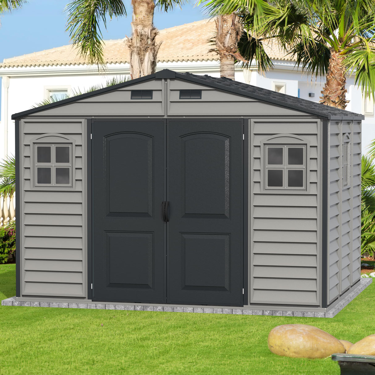 Duramax Woodside Plus 10 x 8 (8.02 m2) Plastic Garden Shed with 3 Fixed Windows & Metal Foundation Kit, Strong Metal Roof Structure Fire Retardant and Maintenance-Free Storage Shed - Dark Grey/Adobe DURAMAX