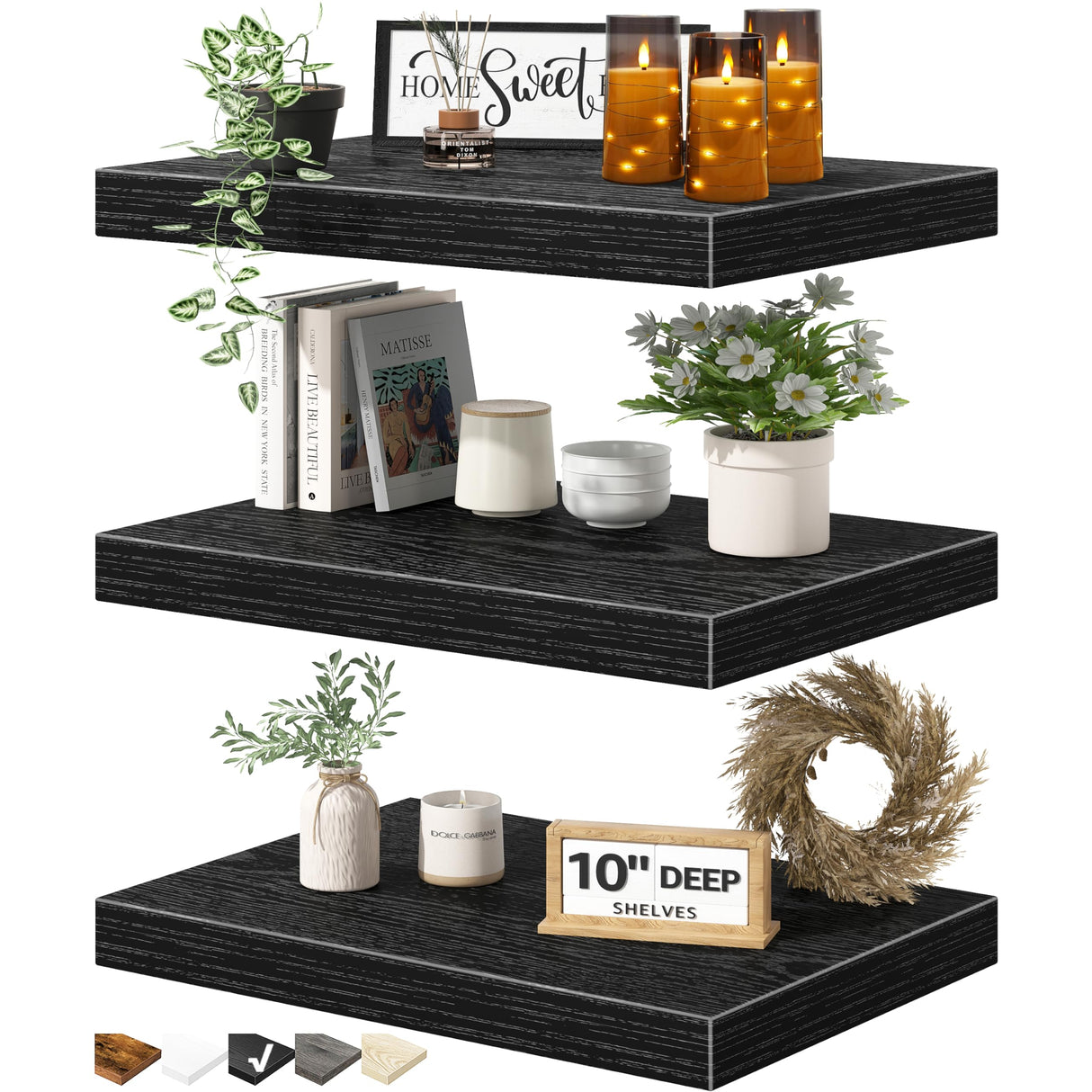 QEEIG 10" Deep Floating Shelves for Wall - 10 x 16 inch Book Shelf Bathroom Bedroom Kitchen Living Room Hanging Bookshelf Farmhouse Set of 3, Black (025-40B3) QEEIG
