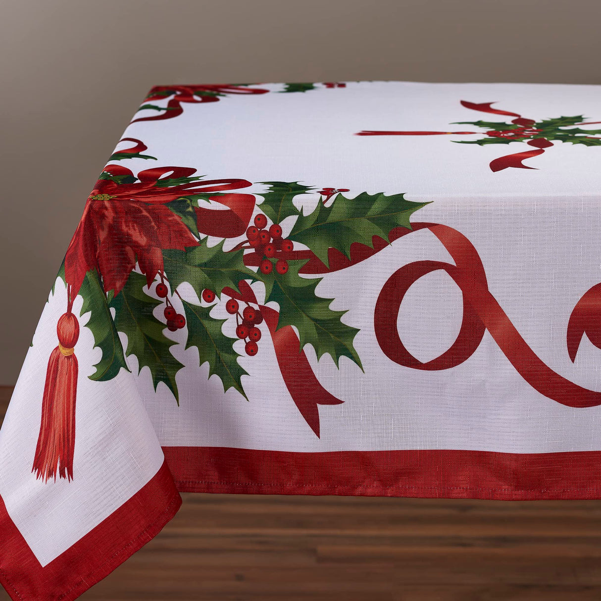 Kadut Christmas Ribbon Tablecloth (60 x 84 Inch) for 5 Foot Rectangle Tables, Heavy Duty Fabric, Stain Proof Xmas Ribbon Table Cloth for Harvest, Holiday, and Fall, & Christmas Dinner. Kadut