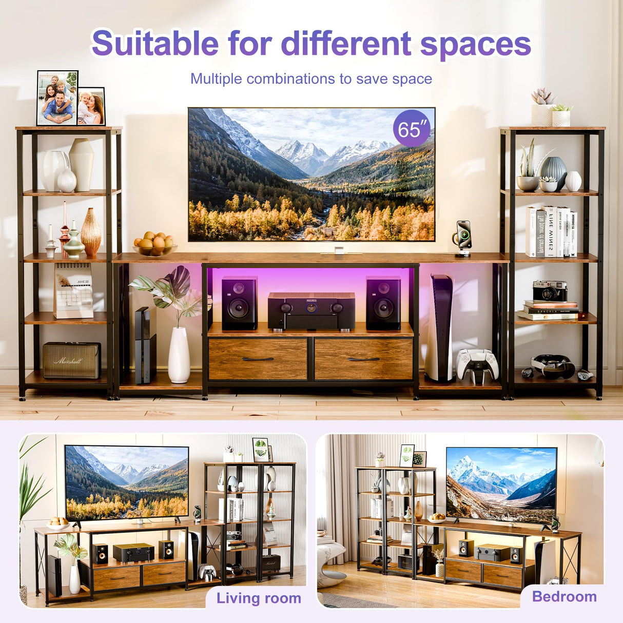 LovaraS Entertainment Center with Storage for TVs up to 65 Inch TV Stand for Living Room with 2 Bookshelves TV Console with 2 Fabric Drawers, Farmhouse Modern LED Lights & Power Outlets Bedroom LovaraS