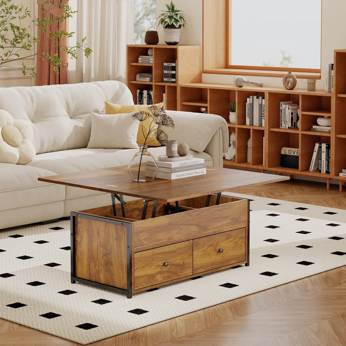 Manora Multi-Functional Lift-Top Coffee Table Convertible to Dining Table or Workstation, Rustic Wood Center Table with Hidden Storage, Compact Design for Living Room or Home Office, Rustic Brown Manora