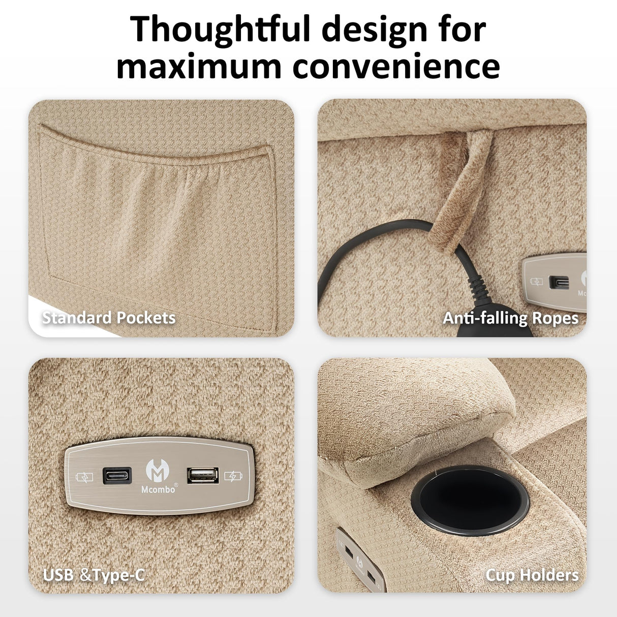 MCombo Dual Motor Power Lift Recliner Chair with Massage and Heat for Elderly People, Infinite Position, USB Ports, Cup Holders, Fabric 7679 (Medium, Beige) MCombo