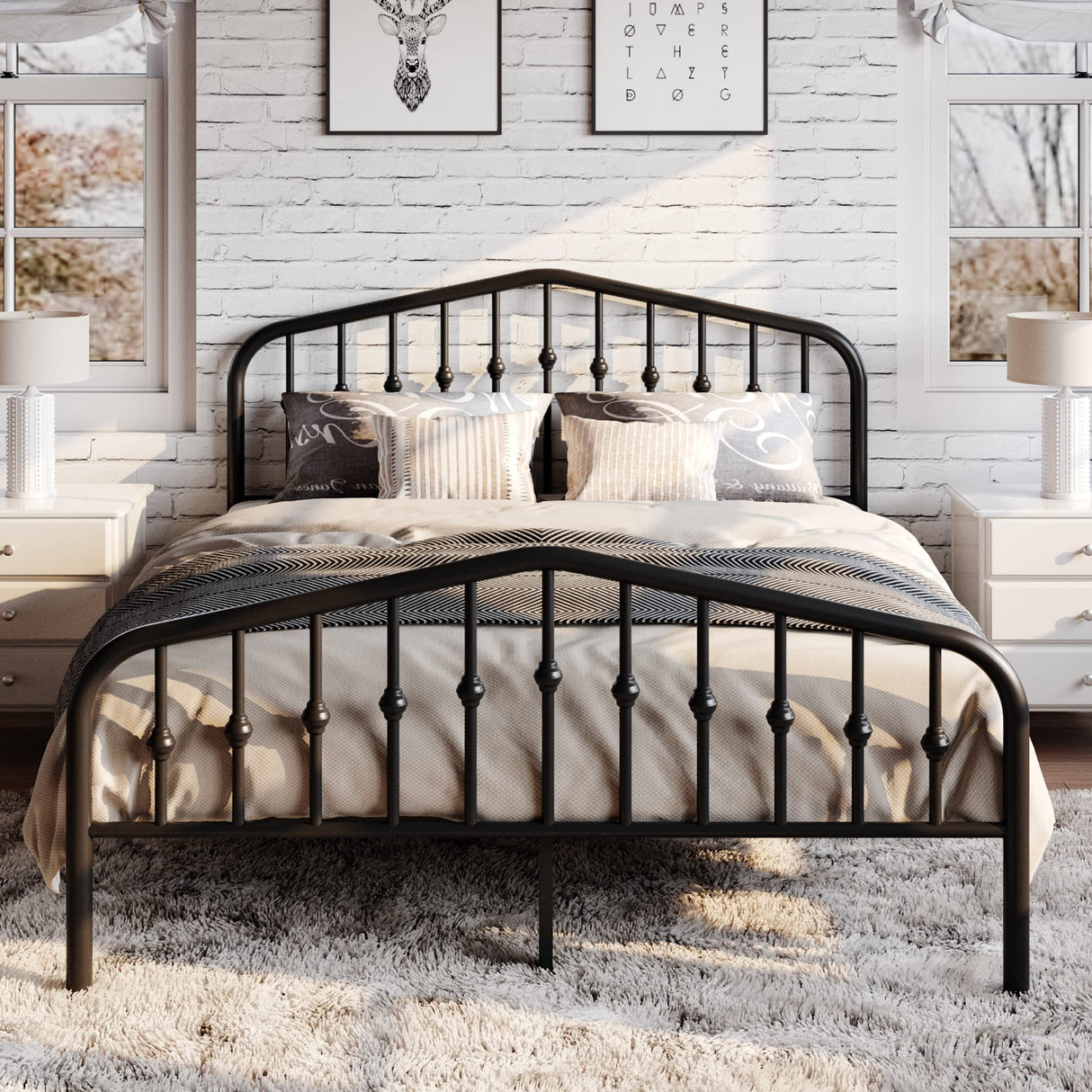 SHA CERLIN Victorian-Style Queen Metal Platform Bed Frame in Black - No Box Spring Required SHA CERLIN