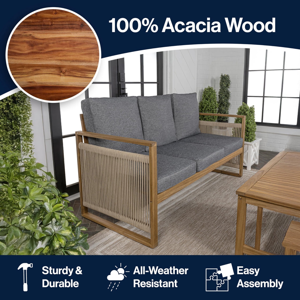 JONATHAN Y SFB1002B Gable 3-Seat Mid-Century Modern Roped Acacia Wood Outdoor Sofa with Cushions Scandinavian, Classic, Transitional, Industrial for Backyard, Patio, Porch, Gray/Teak Brown JONATHAN Y