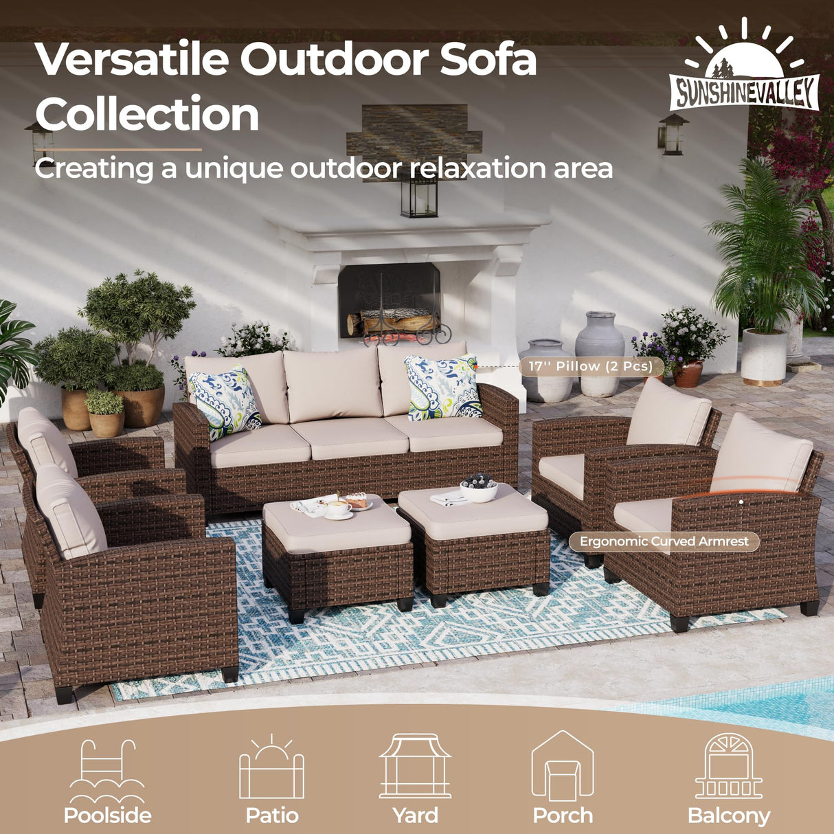SUNSHINE VALLEY Patio Conversation Set Outdoor Furniture Brown Wicker Rattan Sets with Cushion Sectional Furniture,7 Pieces 9 Seats,Beige SUNSHINE VALLEY